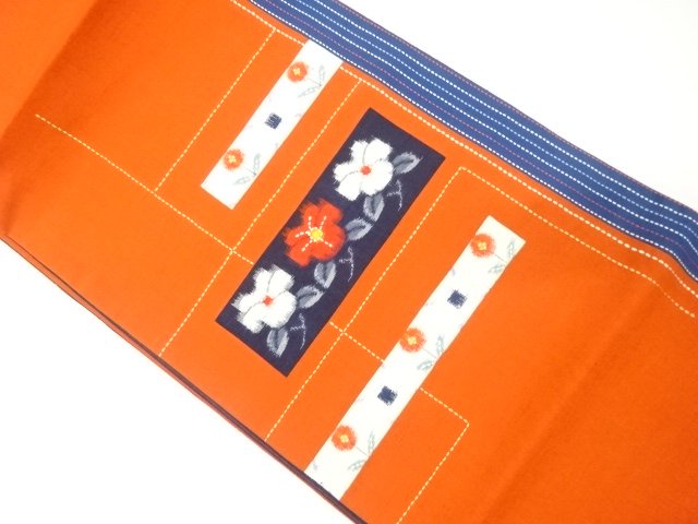 切りばめ　刺し子　花模様織り出し　袋帯